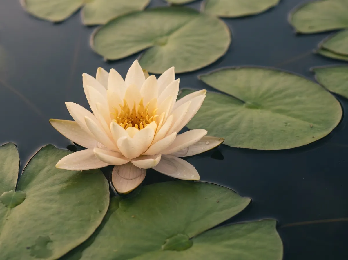 A single open white water lily blossom among round floating pads at dawn